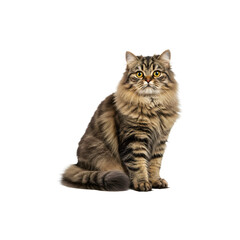 Obraz premium Fluffy brown tabby cat sitting upright with relaxed posture, white background