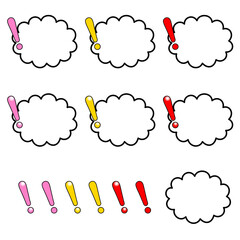 カラフルな左側ビックリマークの口無しで雲型の吹き出しセット