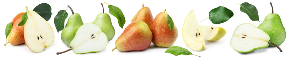 Fresh pears and green leaves on white background, set