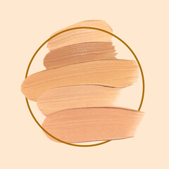 Different shades of foundation and frame on beige background. Color palette of makeup product