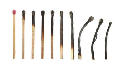 Matches on white background, collage with stages from whole to completely burnt