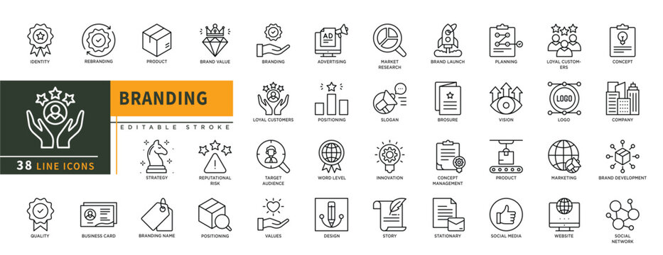 Minimalist Branding line icons set with editable stroke, featuring identity, rebranding, product, strategy, quality, brand value, slogn, loyal customers, story, brand launch. thin linear illustration.