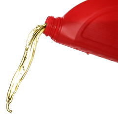Motor oil splashing out from red container on white background, closeup