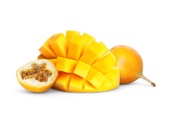 Fresh juicy mango cut in cubes and passion fruits isolated on white