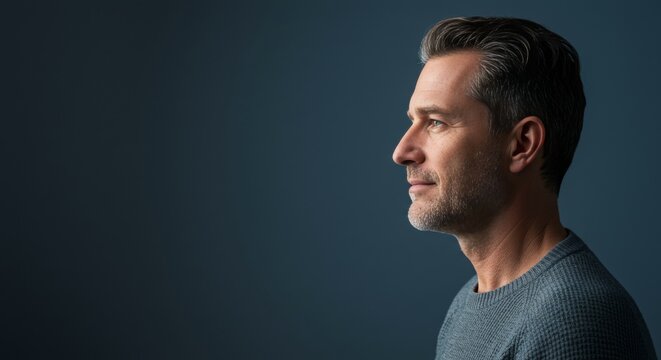 Handsome mature man in sweater profile view looking ahead against a solid color studio shot
