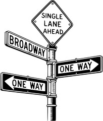 Vintage New York City Street Sign Illustration – Single Lane Ahead, One Way, Broadway Directional Signs on Detailed Urban Pole with Retro Map Style, Clean Lines, Bold Typography, Transparent Backgroun
