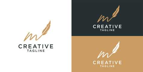 golden feather signature logo design. Minimalist feather m initial logo template © micky_adb