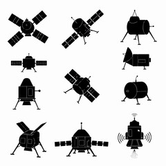 Spacecraft icons set, space exploration, landing modules