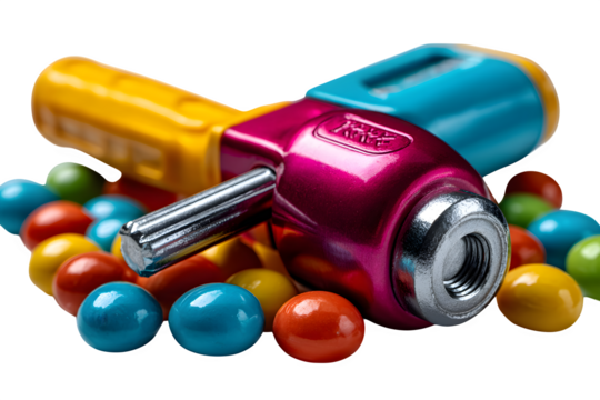 Childrens toy toolset with colorful plastic screwdriver, hammer, wrench and nuts, playfully scattered on a white background and isolated to transparent background