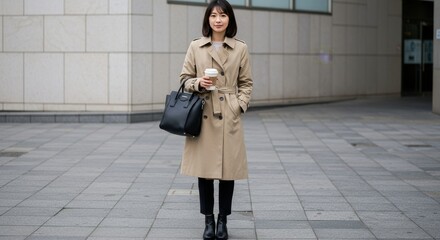 Women's classic trench coat with belt, double breasted, long sleeve, beige, medium size