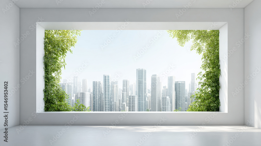 Poster modern empty room with large window showing city skyline and green plants, creating hopeful and clea