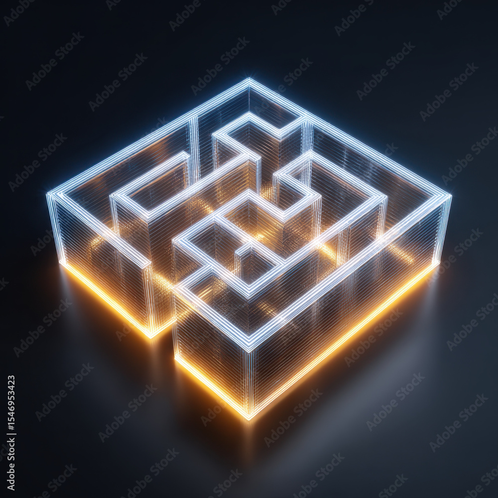 Aufkleber glowing neon maze with transparent walls illuminated in blue and orange light, creating futuristic a