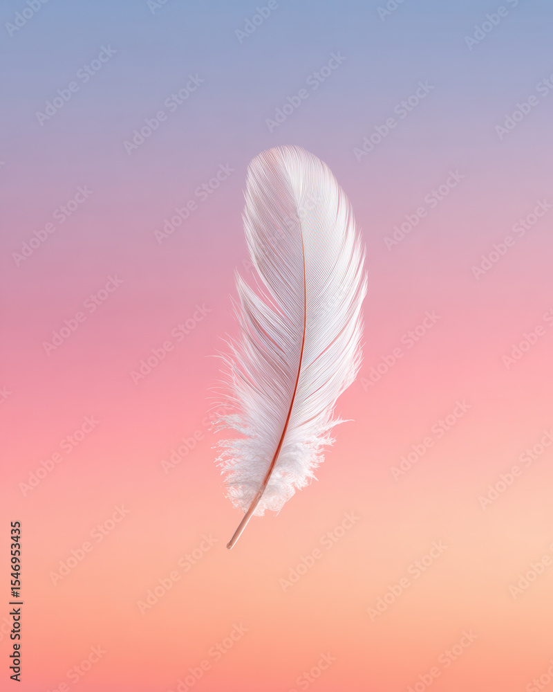 Aufkleber delicate white feather floats gently against soft gradient background of pastel pink and blue, evoki
