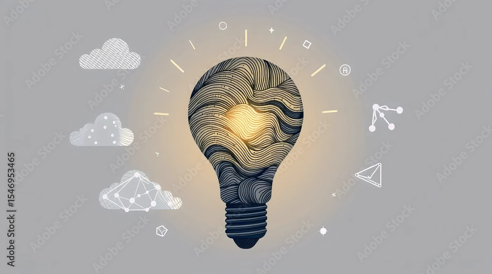 Poster surreal creative light bulb with layered abstract textures and glowing yellow center in dark setting