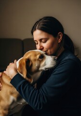 Woman tenderly embracing her beloved dog showing affection and love A heartwarming moment of pet companionship
