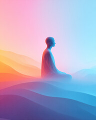 Meditative person sitting calmly in serene landscape with soft colorful light blending warm and cool tones creating peaceful mood