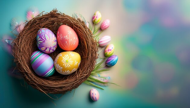 nest filled with colorful decorated easter eggs for spring celebrations and greetings - Powered by Adobe