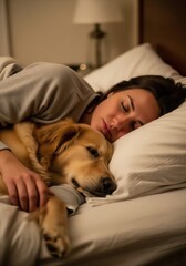 Woman peacefully sleeping in bed with her Golden Retriever dog A heartwarming scene of restful sleep and companionship
