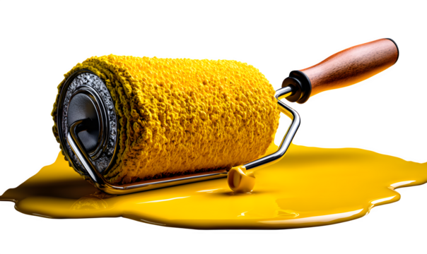 Close-up view of a painters roller dipped in vivid yellow paint, rolling motion captured mid-stroke, minimal background for renovation themes, transparent to transparent background
