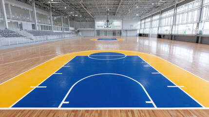Indoor basketball court with blue and yellow markings and wooden floor in spacious gymnasium filled with natural light and seating area