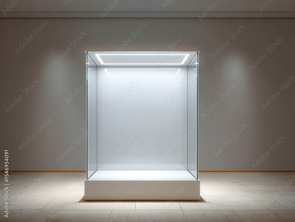 Aufkleber Empty glass display case illuminated with bright white light in modern room, showcasing clean and minimalistic design with neutral background