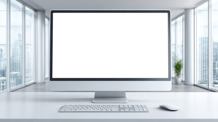 Fototapeta premium Blank white screen on desktop computer in modern office with large windows and cityscape view creating bright atmosphere