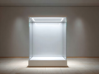 Empty glass display case illuminated with bright white light in modern room, showcasing clean and minimalistic design with neutral background