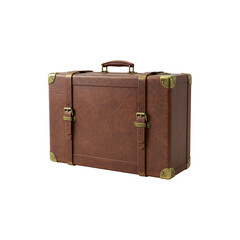 Vintage brown leather suitcase with brass locks and handle, travel luggage concept on white