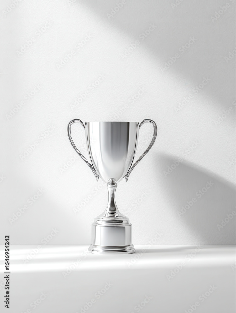 Poster silver trophy cup with elegant handles on clean white background casting soft shadow, symbolizing ac