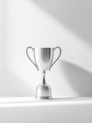 Silver trophy cup with elegant handles on clean white background casting soft shadow, symbolizing achievement and success