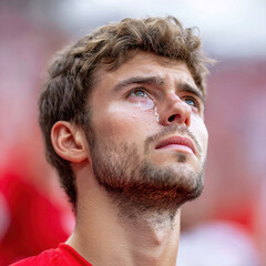 Obraz premium Close up of young man with blue eyes shedding tear, expressing deep emotion and vulnerability in blurred background setting