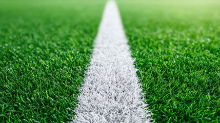 Close up of green grass on soccer pitch with sharp white line marking field, showing fresh and vibrant turf