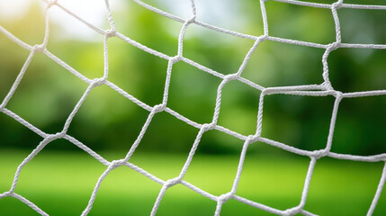 Close up of white textured soccer netting with green blurred background and sunlight shining through