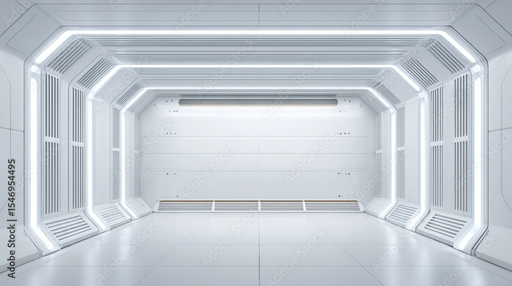 Poster futuristic clean white spaceship interior with bright linear lights and sleek geometric design creat