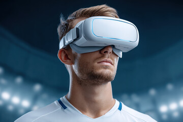 Virtual reality headset young man sports fan stadium background immersive experience technology digital entertainment white shirt focused