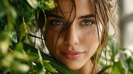 Face of young woman with dew-kissed skin and captivating eyes, portrait of wet adult girl with tropical greenery outdoor in summer, concept of nature, beauty, fresh.