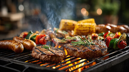 Grilled steaks and sausages with assorted vegetables and corn on barbecue grill outdoors in smoky setting