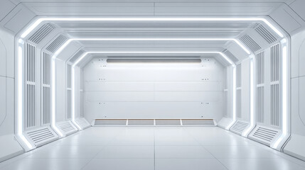 Futuristic clean white spaceship interior with bright linear lights and sleek geometric design creating spacious corridor atmosphere