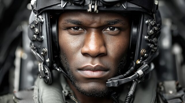 Intense portrait of african man pilot in helmet and flight suit