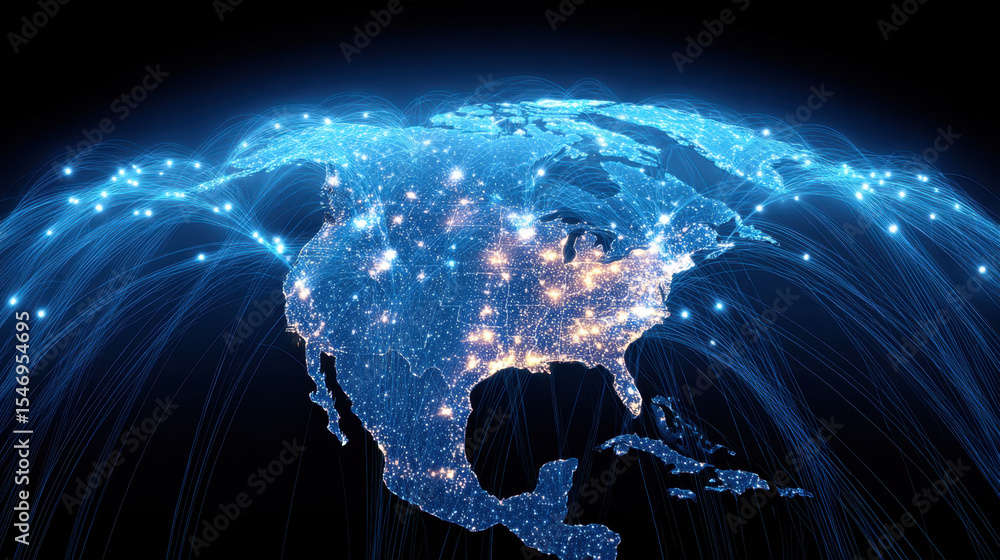 Aufkleber glowing digital map of north america showing bright connection points and network lines symbolizing 