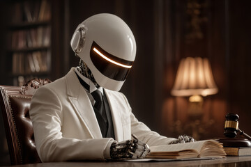 Futuristic robot in suit reading in dimly lit library with wooden furniture