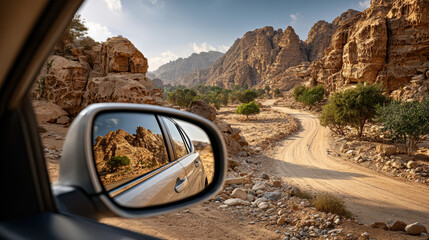 Desert road adventure reflected in car mirror with rugged rocky landscape and blue sky