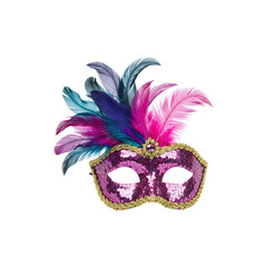 Decorative carnival mask with purple and pink feathers, party accessory centered on white