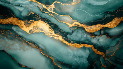 Elegant teal and gold marble texture background with fluid abstract patterns and design