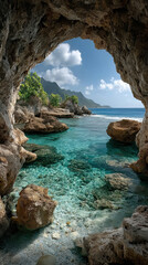 Scenic coastal cave view overlooking turquoise ocean waters and lush tropical island landscape