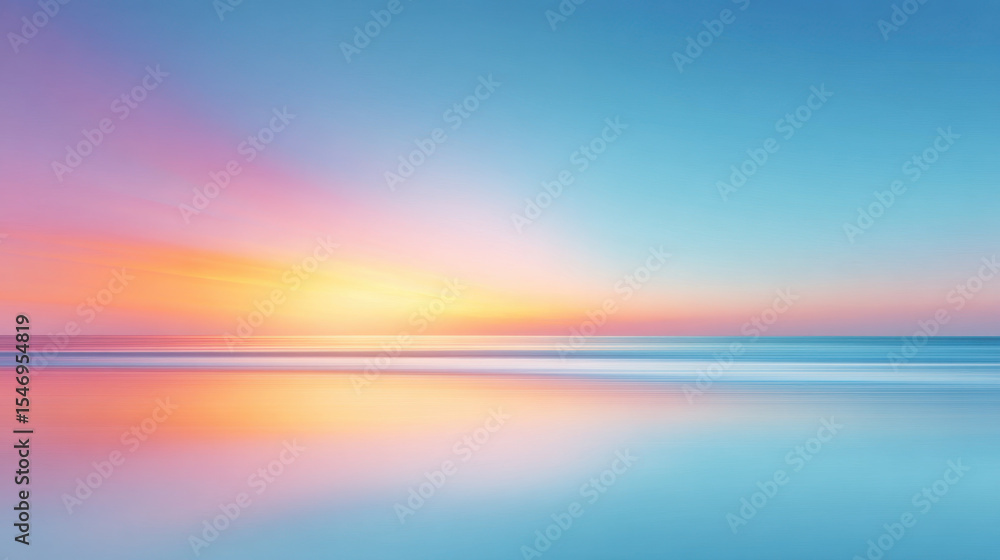 Poster sunset over calm ocean water with soft pastel colors reflecting on surface creating peaceful and ser