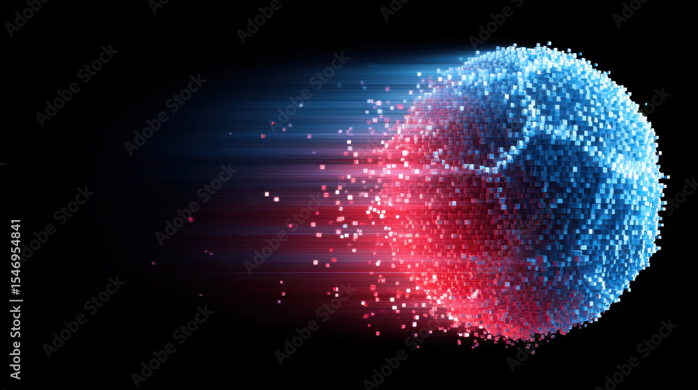 Poster digital abstract soccer ball made of small blue and red cubes with motion blur effect on black backg
