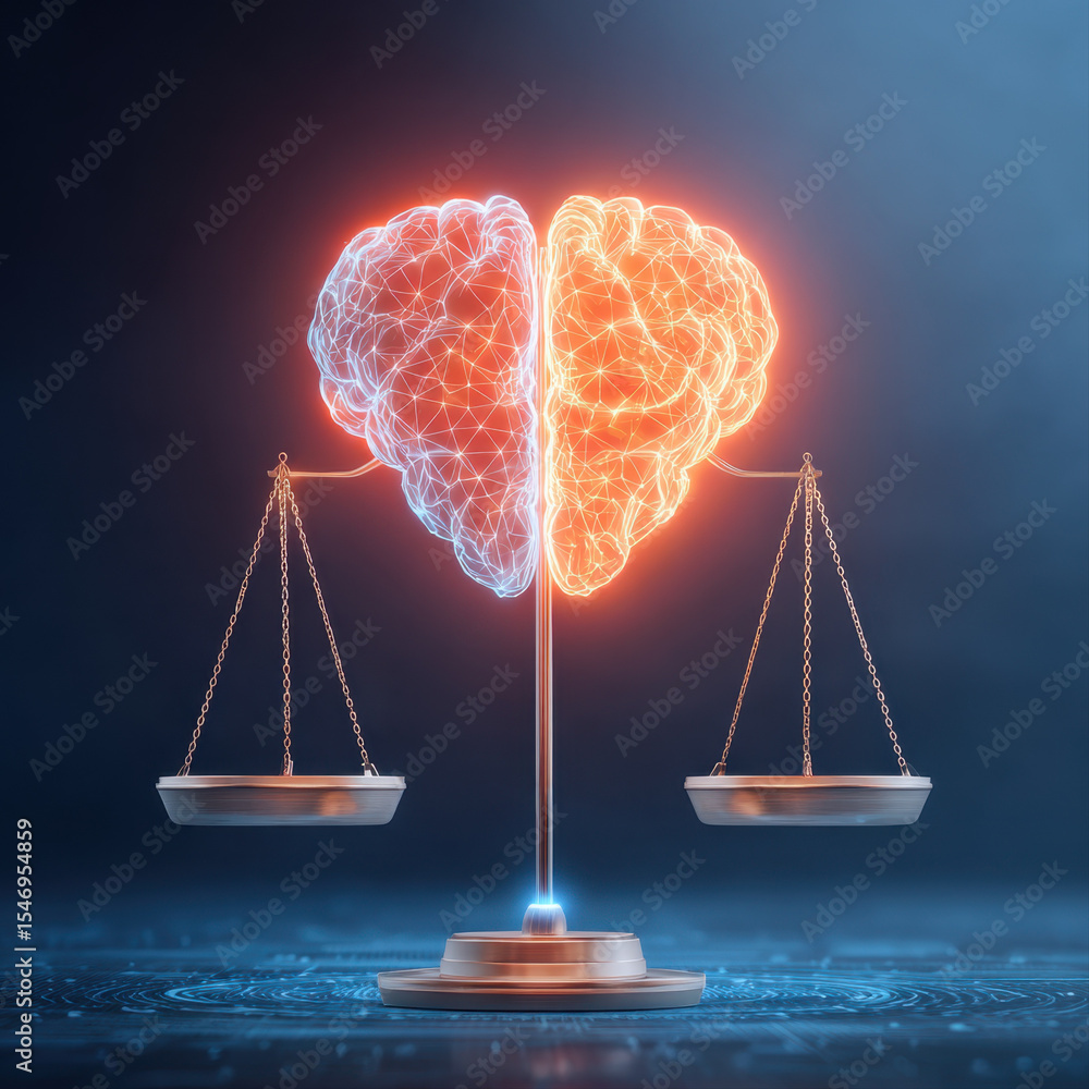 Poster glowing digital brain with blue and orange halves balanced on metallic scale, symbolizing ai ethics 