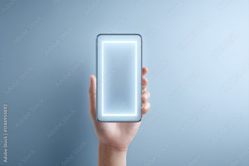 Aufkleber hand holding smartphone with glowing rectangular frame on screen, symbolizing augmented reality or d