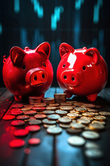 Two red piggy banks with coins on a table against a financial data background